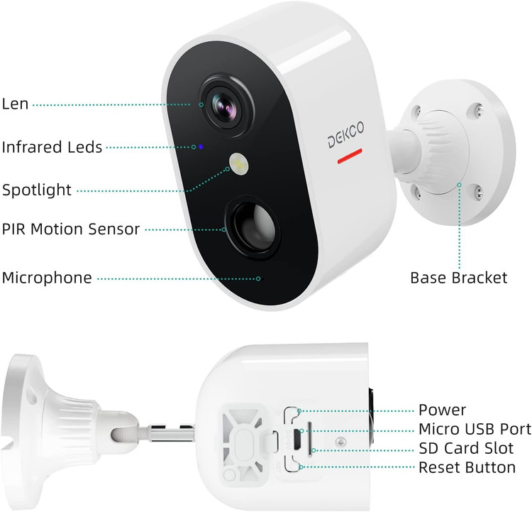 دوربین امنیتی DEKCO DC8l - ضد آب، WiFi دار، با باتری و تشخیص حرکت انسان"