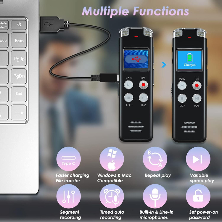 ضبط صدا دیجیتال 64 گیگابایتی با ضبط و پخش فعال صدا - EVISTR L357 USB شارژی دیکتافون | دستگاه دیکته با پخش کننده MP3