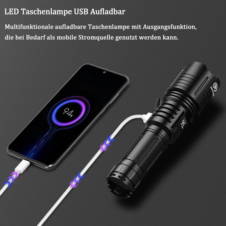 چراغ قوه LED جکسینلی، 5000 لومن، چراغ قوه با روشنایی بالا، قابل شارژ از طریق USB، چراغ قوی با ۵ حالت نوری، مناسب برای کمپینگ، موقعیتهای اضطراری و دویدن با سگ.