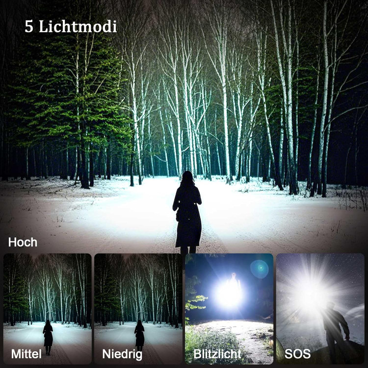 چراغ قوه LED جکسینلی، 5000 لومن، چراغ قوه با روشنایی بالا، قابل شارژ از طریق USB، چراغ قوی با ۵ حالت نوری، مناسب برای کمپینگ، موقعیتهای اضطراری و دویدن با سگ.