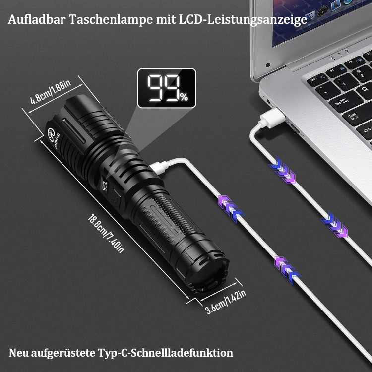 چراغ قوه LED جکسینلی، 5000 لومن، چراغ قوه با روشنایی بالا، قابل شارژ از طریق USB، چراغ قوی با ۵ حالت نوری، مناسب برای کمپینگ، موقعیتهای اضطراری و دویدن با سگ.