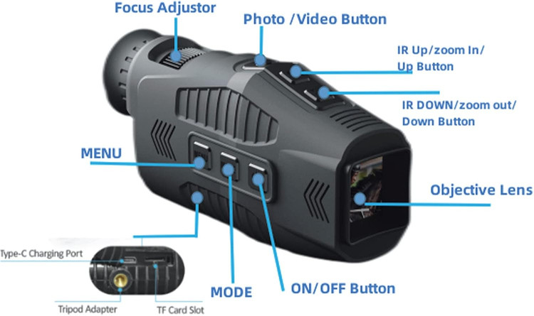 دوربین شکاری ( دید در شب ) NIGHT VISION زوم دیجیتال 5x پشتیبانی از کارت حافظه ( میکرو SD با قابلیت تصویر برداری و عکس برداری کیفیت 2k(بار آمازون) دارای لیزر راهنما