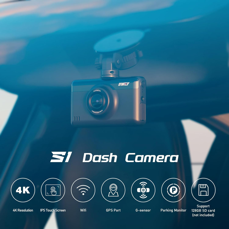 دوربین ثبت وقایع IIWEY دوربین داشبورد جلو 4K و دوربین عقب (2 دوربینه) و 1080P 【با WiFi و GPS 】 (دوربین جلو 4K)، دوربین دوگانه خودرو با صفحه نمایش لمسی 3 اینچی، ضبط کننده رانندگی با دید در شب و نظارت پارک 24 ساعته.