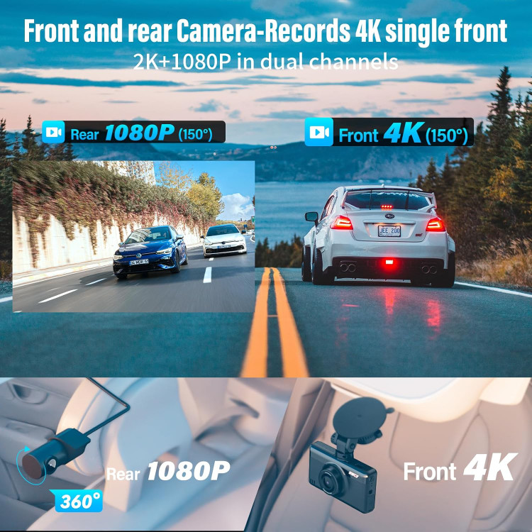 دوربین ثبت وقایع IIWEY دوربین داشبورد جلو 4K و دوربین عقب (2 دوربینه) و 1080P 【با WiFi و GPS 】 (دوربین جلو 4K)، دوربین دوگانه خودرو با صفحه نمایش لمسی 3 اینچی، ضبط کننده رانندگی با دید در شب و نظارت پارک 24 ساعته.