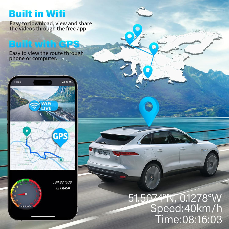 دوربین ثبت وقایع IIWEY دوربین داشبورد جلو 4K و دوربین عقب (2 دوربینه) و 1080P 【با WiFi و GPS 】 (دوربین جلو 4K)، دوربین دوگانه خودرو با صفحه نمایش لمسی 3 اینچی، ضبط کننده رانندگی با دید در شب و نظارت پارک 24 ساعته.