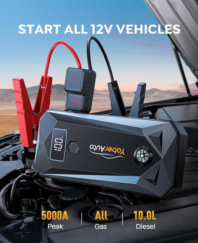 استارتر باتری خودرو YaberAuto 5000A برای همه موتورها، بسته باتری قابل حمل ، جامپر باتری 12 ولتی خودرو با کابل های جامپر ایمنی، شارژ سریع 3.0، چراغ ها