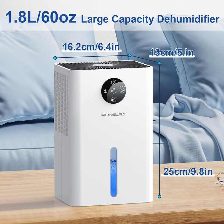 رطوبت گیر برای خانه، لباس خشک کن AONELAS 1.8 لیتری با 7 رنگ سبک و یخ زدایی خودکار، مدل ds01 سفید