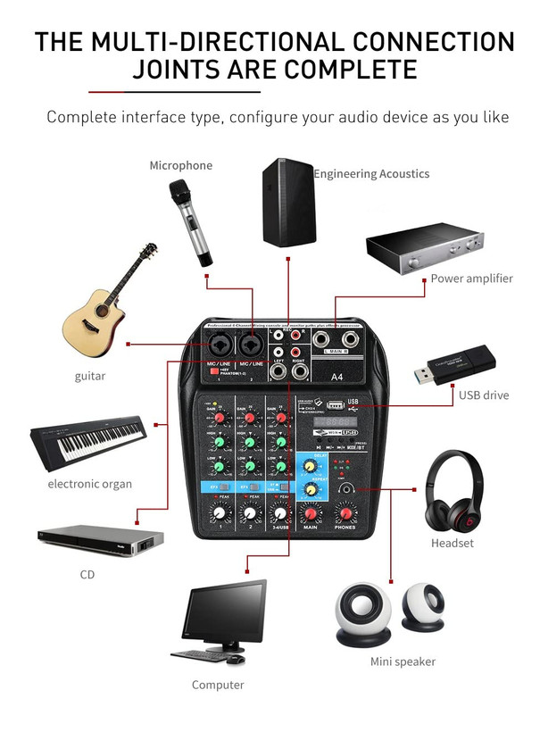 میکسر صوتی 4 کانال TECHBLAZE کنسول میکس صدا با رابط صوتی کابل XLR با بلوتوث USB ضبط مانیتور برق فانتوم مسیرهای جلوههای بعلاوه برای پخش مخلوط DJ پخش جریانی زنده پخش وب