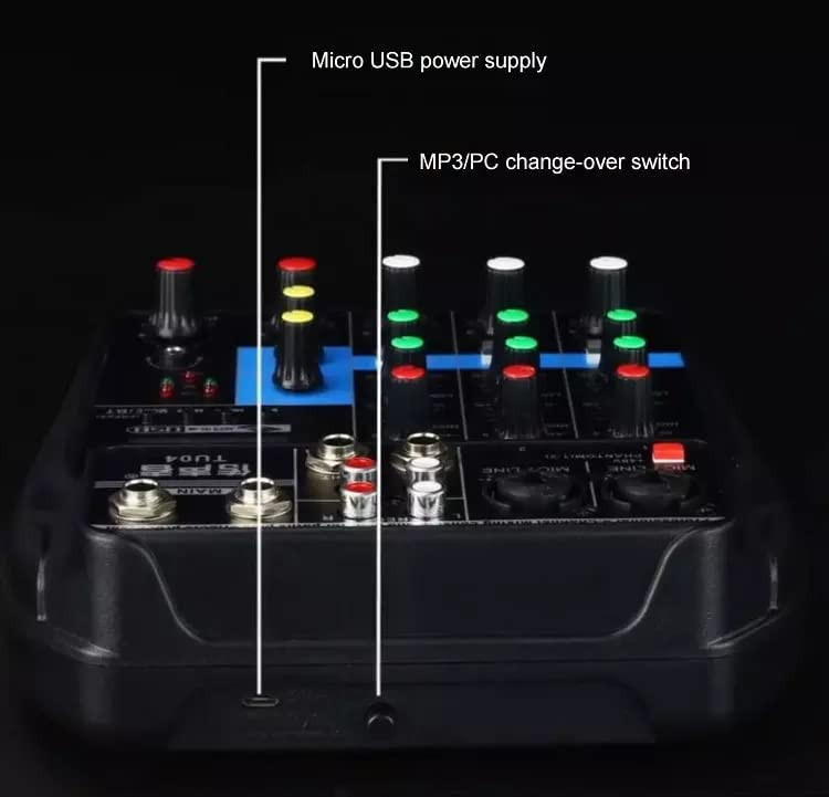 میکسر صوتی 4 کانال TECHBLAZE کنسول میکس صدا با رابط صوتی کابل XLR با بلوتوث USB ضبط مانیتور برق فانتوم مسیرهای جلوههای بعلاوه برای پخش مخلوط DJ پخش جریانی زنده پخش وب