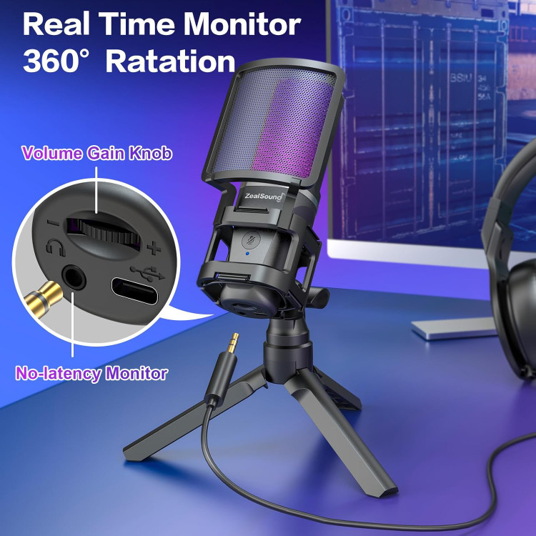 میکروفون یو اس بی zealsound، سفید رنگ میکروفون بازی RGB برای PC Mac Phone، PS4&5، میکروفن خازنی Cardioid با آداپتور USB-C، بیصدا کردن سریع، پایه سهپایه، فیلتر پاپ برای...- تهران فوری