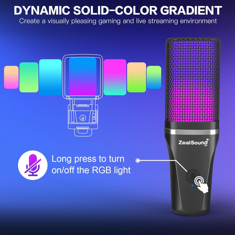 میکروفون یو اس بی zealsound، سفید رنگ میکروفون بازی RGB برای PC Mac Phone، PS4&5، میکروفن خازنی Cardioid با آداپتور USB-C، بیصدا کردن سریع، پایه سهپایه، فیلتر پاپ برای...- تهران فوری