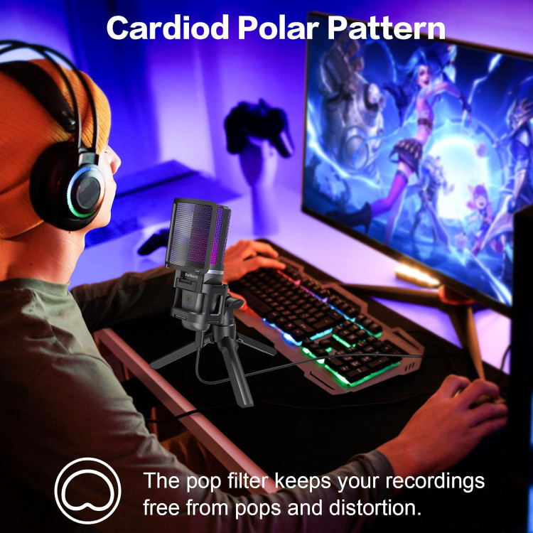 میکروفون یو اس بی zealsound، سفید رنگ میکروفون بازی RGB برای PC Mac Phone، PS4&5، میکروفن خازنی Cardioid با آداپتور USB-C، بیصدا کردن سریع، پایه سهپایه، فیلتر پاپ برای...- تهران فوری