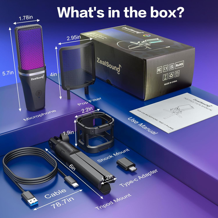 میکروفون یو اس بی zealsound، سفید رنگ میکروفون بازی RGB برای PC Mac Phone، PS4&5، میکروفن خازنی Cardioid با آداپتور USB-C، بیصدا کردن سریع، پایه سهپایه، فیلتر پاپ برای...- تهران فوری