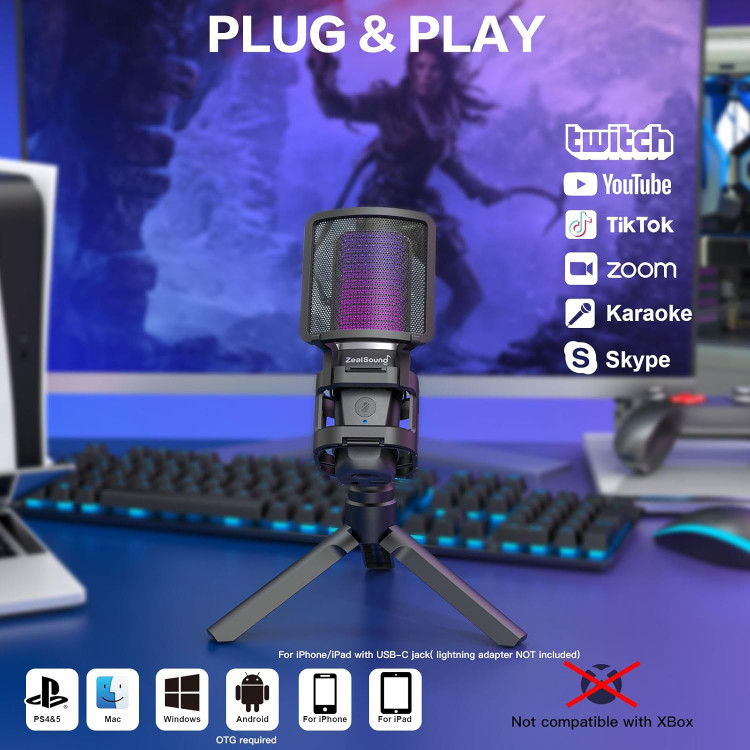 میکروفون یو اس بی zealsound، سفید رنگ میکروفون بازی RGB برای PC Mac Phone، PS4&5، میکروفن خازنی Cardioid با آداپتور USB-C، بیصدا کردن سریع، پایه سهپایه، فیلتر پاپ برای...- تهران فوری