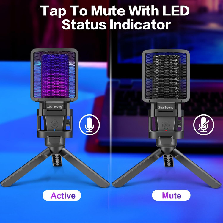 میکروفون یو اس بی zealsound، سفید رنگ میکروفون بازی RGB برای PC Mac Phone، PS4&5، میکروفن خازنی Cardioid با آداپتور USB-C، بیصدا کردن سریع، پایه سهپایه، فیلتر پاپ برای...- تهران فوری
