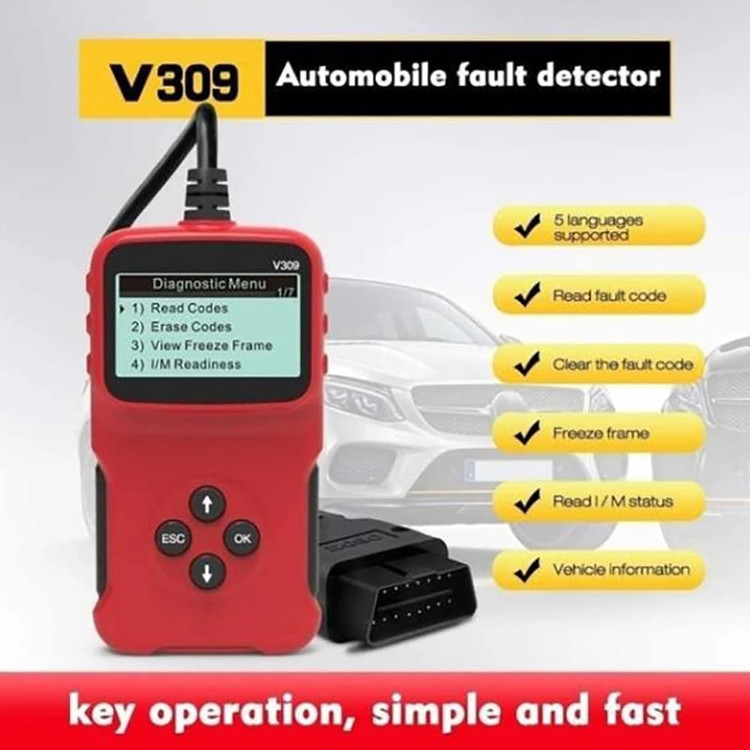 دیاگ خودرو V309 CAN OBD2 اسکنر خودرو ابزار عیب یابی موتور بررسی کد موتور خواننده ابزار اسکن تشخیصی خودرو چند زبانه برای همه وسایل نقلیه پروتکل OBD II (قرمز)- تهران فوری