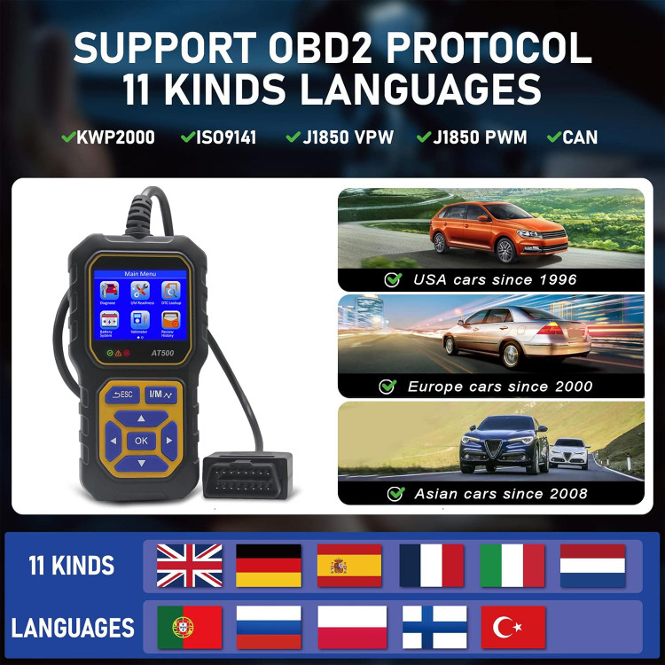 دیاگ خودرو AT500 Car OBD2 اسکنر کد خوان موتور خطای کد خوان اسکنر نور خودکار ولت متر می تواند ابزار اسکن تشخیصی برای همه اتومبیل های ایرانی و خارجی پروتکل OBD II از سال 1996، پشتیبانی چند زبانه- تهران فوری