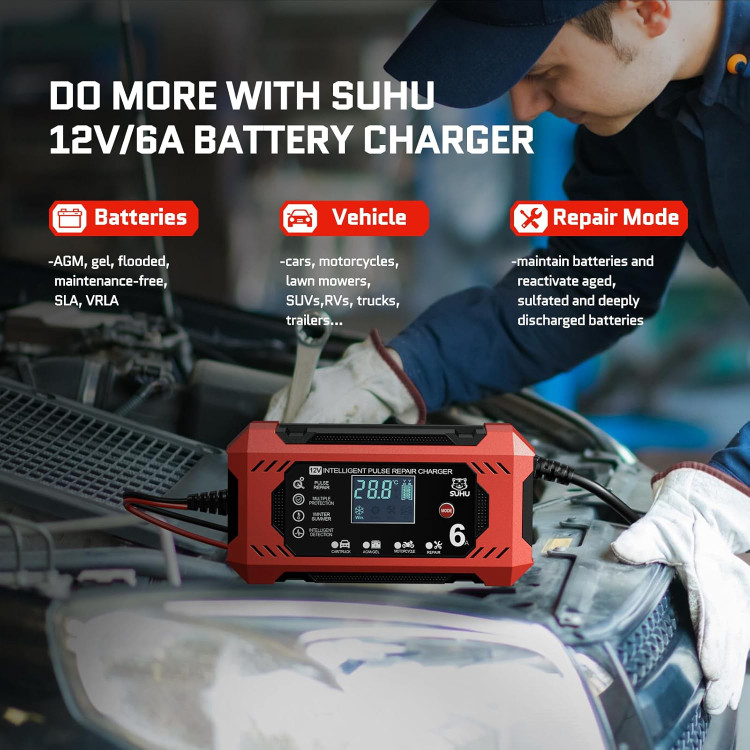 " شارژر باتری SUHU 12V/6A - 4 حالت شارژ، نگهدارنده باتری و تعمیر پالس برای باتریهای سرب-اسید "