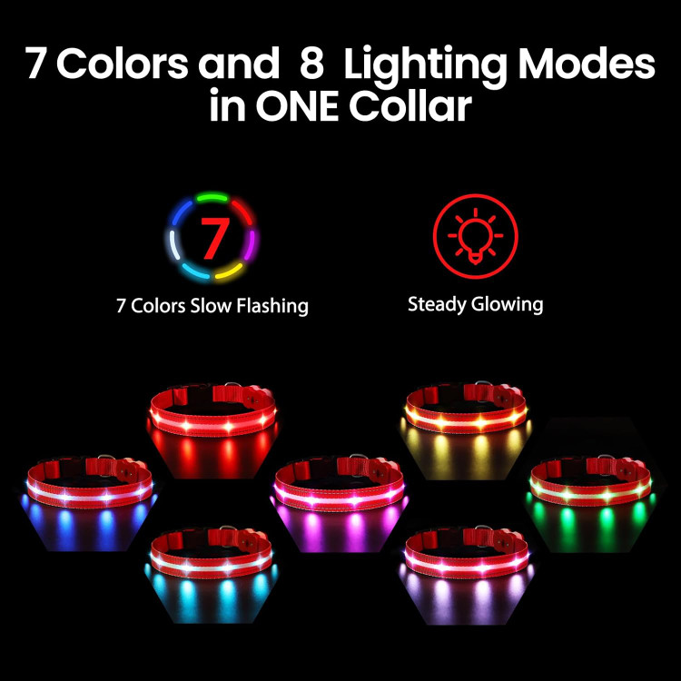 قلاده سگ قابل شارژ درخشان 7 RGB تغییر رنگ با 8 حالت نور، قلاده LED قابل تنظیم ضد آب برای سگ های کوچک متوسط بزرگ قلاده درخشان قرمز M