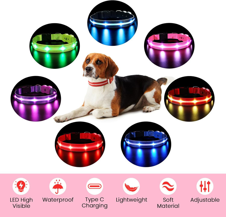 قلاده سگ قابل شارژ درخشان 7 RGB تغییر رنگ با 8 حالت نور، قلاده LED قابل تنظیم ضد آب برای سگ های کوچک متوسط بزرگ قلاده درخشان قرمز M