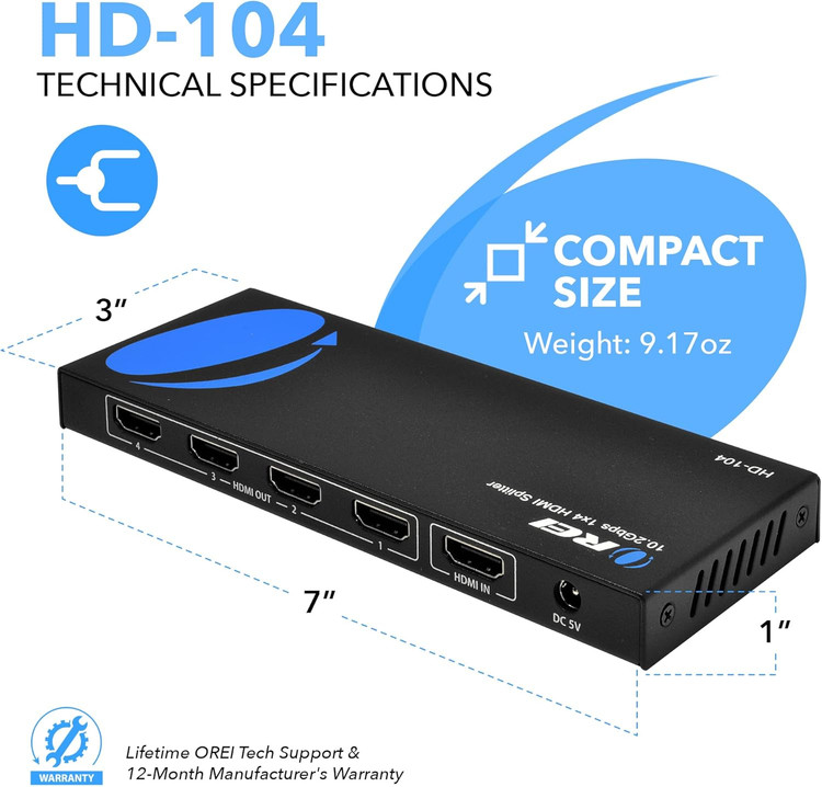 OREI HD-104 1x4 4 Ports Splitter Powered HDMI برای Full HD 1080P ( از به روز ترین و پرفروش ترین اسپلیترهای سایت آمازون)