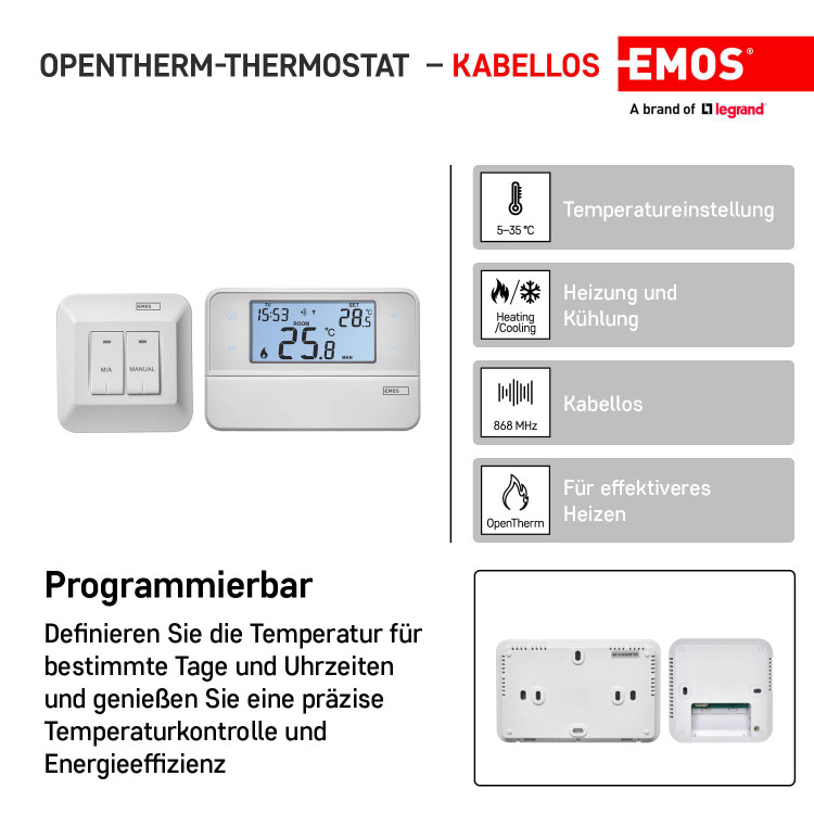 ترموستات P5616OT اتاق بی سیم Emos با پشتیبانی OpenTherm، قابل برنامه ریزی، برای سیستم های گرمایش - فرستنده + گیرنده- تهران فوری