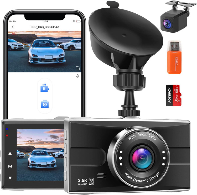 دوربین ثبت وقایع وای فای 2.5K جلو و عقب POYBPCY، دوربین 1440P Quad HD+1080P FHD Dual Dash برای خودروهایی با دید در شب فوق العاده، حالت پارک، کارت SD 32G، صفحه نمایش 3 اینچی IPS، زاویه باز 170 درجه، سنسور G، پشتیبانی از حداکثر 128 گیگابایت- تهران فوری