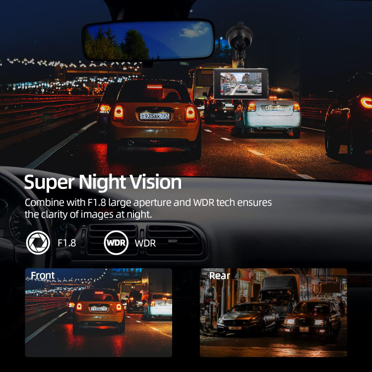 دوربین ثبت وقایع وای فای 2.5K جلو و عقب POYBPCY، دوربین 1440P Quad HD+1080P FHD Dual Dash برای خودروهایی با دید در شب فوق العاده، حالت پارک، کارت SD 32G، صفحه نمایش 3 اینچی IPS، زاویه باز 170 درجه، سنسور G، پشتیبانی از حداکثر 128 گیگابایت- تهران فوری