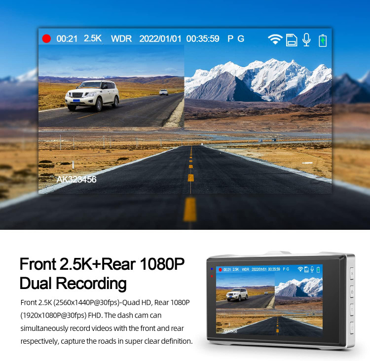 دوربین ثبت وقایع وای فای 2.5K جلو و عقب POYBPCY، دوربین 1440P Quad HD+1080P FHD Dual Dash برای خودروهایی با دید در شب فوق العاده، حالت پارک، کارت SD 32G، صفحه نمایش 3 اینچی IPS، زاویه باز 170 درجه، سنسور G، پشتیبانی از حداکثر 128 گیگابایت- تهران فوری