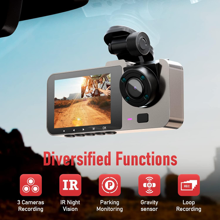 IIWEY T2 PRO، دوربین ثبت وقایع جلو و عقب، بغل سه کاناله، دوربین داش کم 1080P برای خودرو با 4 لامپ مادون قرمز، دوربین سه طرفه خودروی فوق العاده دید در شب، LCD 2.5 اینچی، مانیتور پارکینگ 24 ساعته، سنسور G، USB C، ضبط حلقه