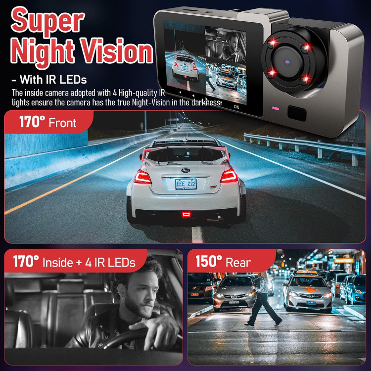 IIWEY T2 PRO، دوربین ثبت وقایع جلو و عقب، بغل سه کاناله، دوربین داش کم 1080P برای خودرو با 4 لامپ مادون قرمز، دوربین سه طرفه خودروی فوق العاده دید در شب، LCD 2.5 اینچی، مانیتور پارکینگ 24 ساعته، سنسور G، USB C، ضبط حلقه