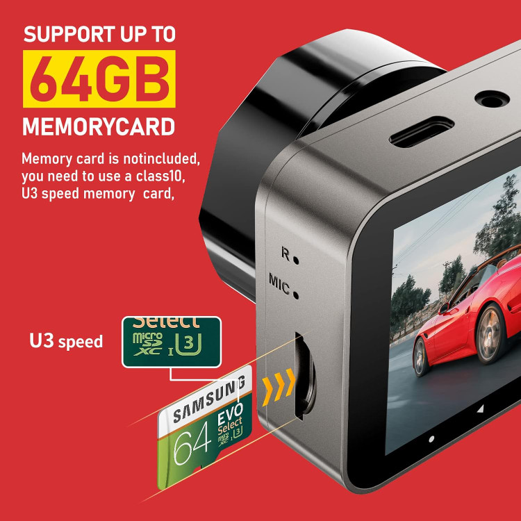 IIWEY T2 PRO، دوربین ثبت وقایع جلو و عقب، بغل سه کاناله، دوربین داش کم 1080P برای خودرو با 4 لامپ مادون قرمز، دوربین سه طرفه خودروی فوق العاده دید در شب، LCD 2.5 اینچی، مانیتور پارکینگ 24 ساعته، سنسور G، USB C، ضبط حلقه