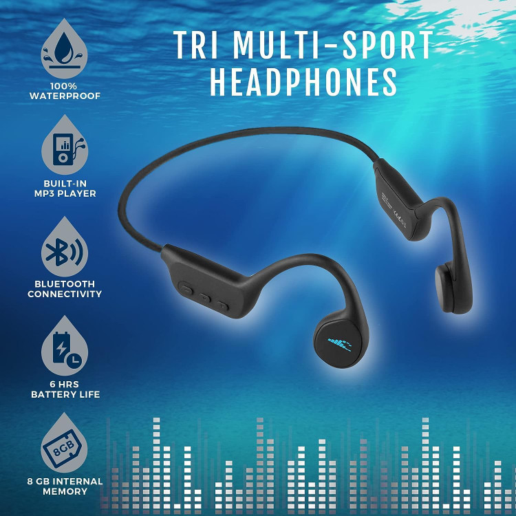 H2O audio TRI Multi-Sport برای شنا، ضد آب استخوانی هدفون گوش باز حافظه گیگابایت- بلوتوث برای دویدن/دوچرخه سواری، MP3 برای شنا، IPX8 ضد آب، ضد عرق - مشکی- تهران فوری