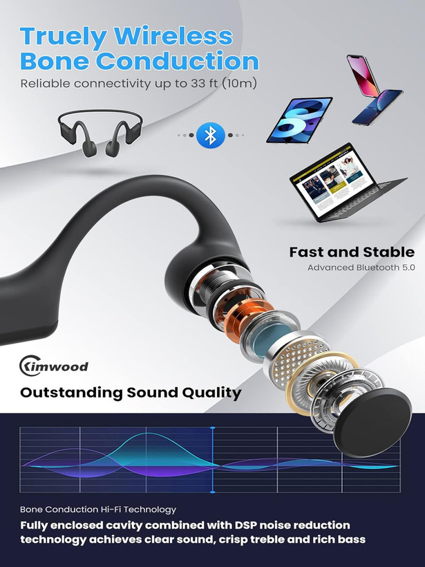 هدفون Kimwood Bone Conduction، هدفون ورزشی بلوتوث بیسیم گوش باز ارتقا یافته ۲۰۲۳ با میکروفون، زمان بازی ۸ ساعت، هدفون بیسیم ضد آب برای تمرین، دویدن، باشگاه، پیادهروی، مشگی رنگ س0