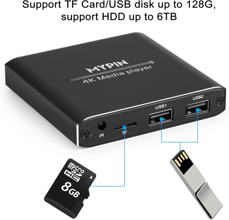 پخش کننده رسانه 4K، اندروید باکس، پخش کننده دیجیتال MP4 MYPIN برای 14 ترابایت هارد دیسک/USB درایو/کارت TF/H.265 MP4 PPT MKV AVI با کنترل از راه دور، پشتیبانی از خروجی HDMI/AV/اپتیکال و ماوس/صفحه کلید USB-HDMI تا 7.1 صدای فراگیر (سیاه)