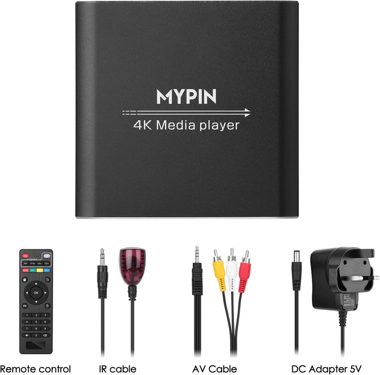 پخش کننده رسانه 4K، اندروید باکس، پخش کننده دیجیتال MP4 MYPIN برای 14 ترابایت هارد دیسک/USB درایو/کارت TF/H.265 MP4 PPT MKV AVI با کنترل از راه دور، پشتیبانی از خروجی HDMI/AV/اپتیکال و ماوس/صفحه کلید USB-HDMI تا 7.1 صدای فراگیر (سیاه)