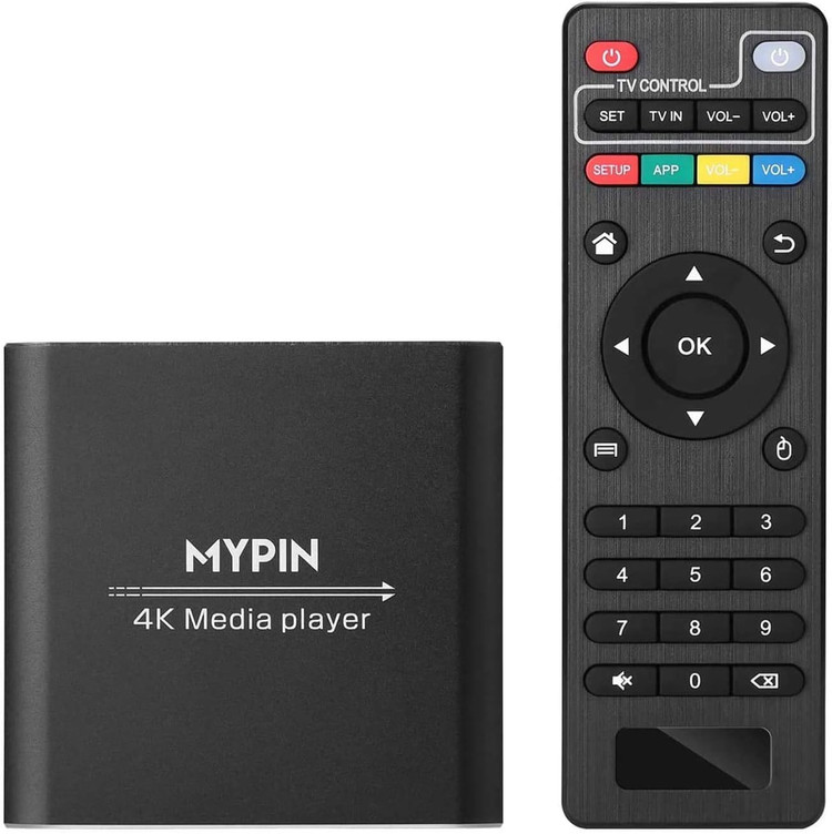 پخش کننده رسانه 4K، اندروید باکس، پخش کننده دیجیتال MP4 MYPIN برای 14 ترابایت هارد دیسک/USB درایو/کارت TF/H.265 MP4 PPT MKV AVI با کنترل از راه دور، پشتیبانی از خروجی HDMI/AV/اپتیکال و ماوس/صفحه کلید USB-HDMI تا 7.1 صدای فراگیر (سیاه)