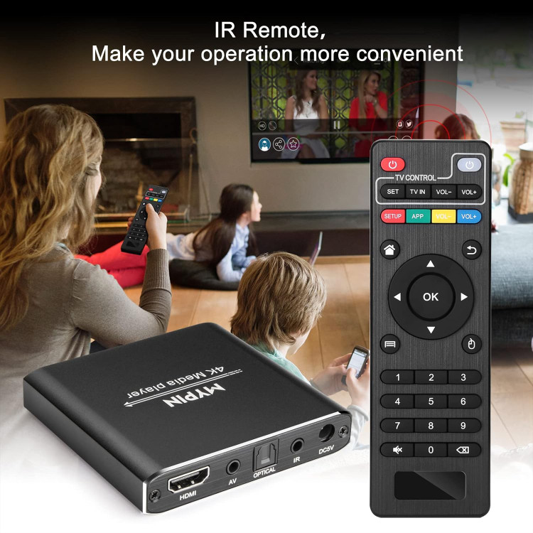 پخش کننده رسانه 4K، اندروید باکس، پخش کننده دیجیتال MP4 MYPIN برای 14 ترابایت هارد دیسک/USB درایو/کارت TF/H.265 MP4 PPT MKV AVI با کنترل از راه دور، پشتیبانی از خروجی HDMI/AV/اپتیکال و ماوس/صفحه کلید USB-HDMI تا 7.1 صدای فراگیر (سیاه)