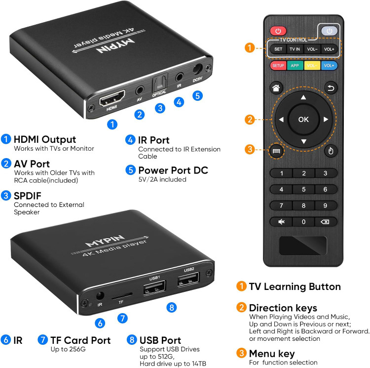 پخش کننده رسانه 4K، اندروید باکس، پخش کننده دیجیتال MP4 MYPIN برای 14 ترابایت هارد دیسک/USB درایو/کارت TF/H.265 MP4 PPT MKV AVI با کنترل از راه دور، پشتیبانی از خروجی HDMI/AV/اپتیکال و ماوس/صفحه کلید USB-HDMI تا 7.1 صدای فراگیر (سیاه)