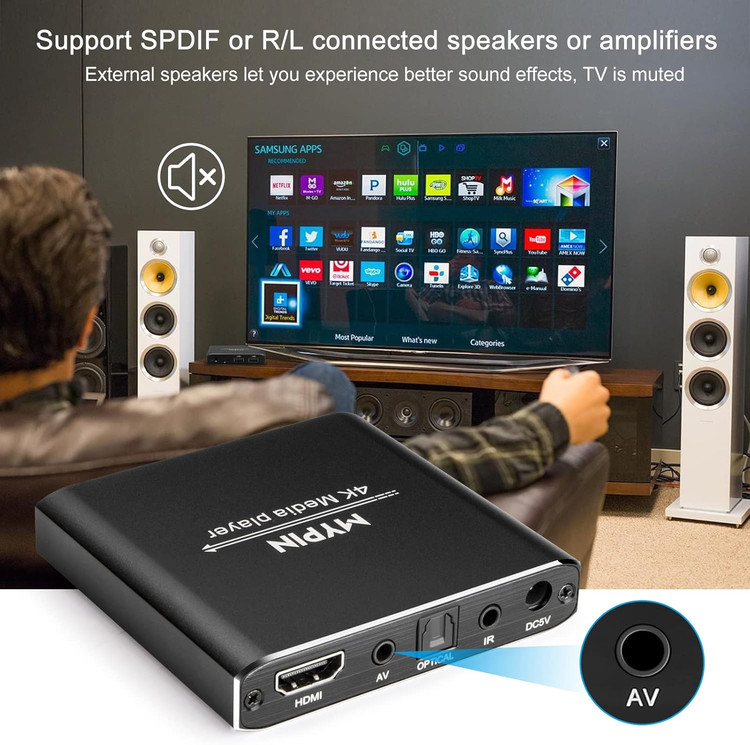 پخش کننده رسانه 4K، اندروید باکس، پخش کننده دیجیتال MP4 MYPIN برای 14 ترابایت هارد دیسک/USB درایو/کارت TF/H.265 MP4 PPT MKV AVI با کنترل از راه دور، پشتیبانی از خروجی HDMI/AV/اپتیکال و ماوس/صفحه کلید USB-HDMI تا 7.1 صدای فراگیر (سیاه)