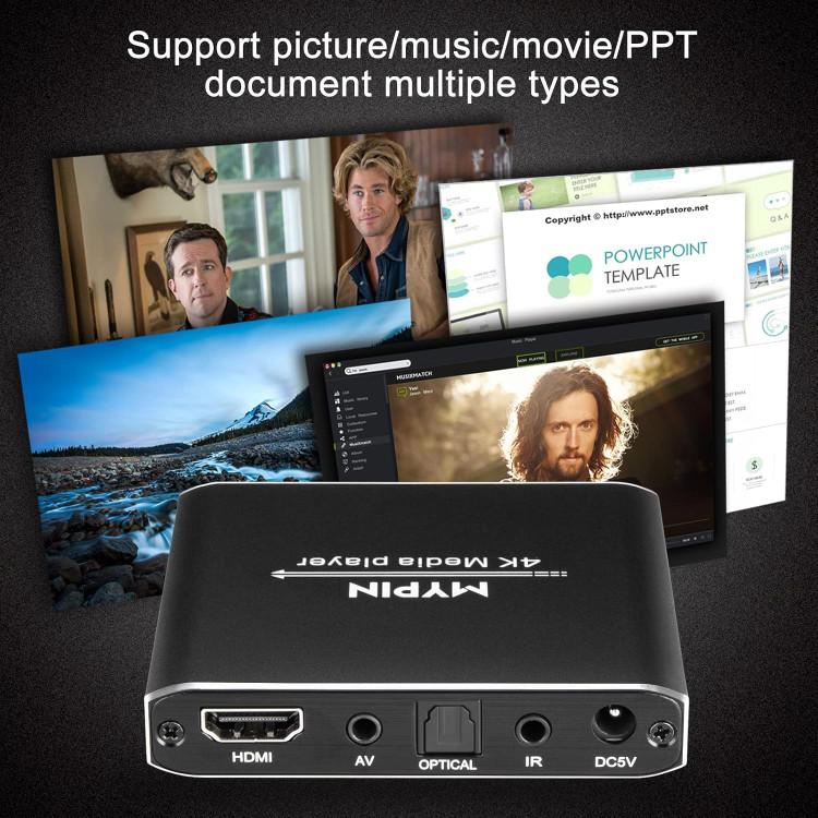 پخش کننده رسانه 4K، اندروید باکس، پخش کننده دیجیتال MP4 MYPIN برای 14 ترابایت هارد دیسک/USB درایو/کارت TF/H.265 MP4 PPT MKV AVI با کنترل از راه دور، پشتیبانی از خروجی HDMI/AV/اپتیکال و ماوس/صفحه کلید USB-HDMI تا 7.1 صدای فراگیر (سیاه)