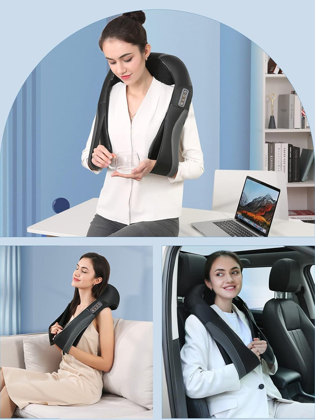 ماساژور گردن cqm s12 و شانه با گرما، ماساژورهای سه بعدی برقی شیاتسو با قابلیت ماساژ بافت عمیق برای تسکین عضلات کمر، پا، ساق پا، کل بدن، هدیه برای آقایان، خانمها، مامان و بابا (مشکی)
