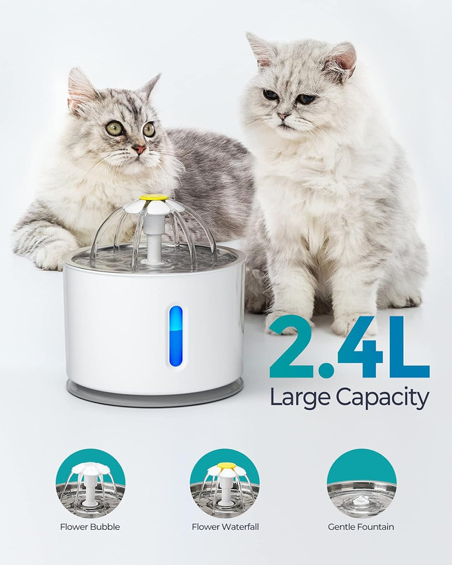 آبخوری فوق العاده بی صدا برای گربه ها ۲.۴ لیتر با کاسه استیل ، پنجره دید، چراغ خواب، پمپ، مخصوص گربه ها، سگ ها، پرندگان، LED-SS سفید
