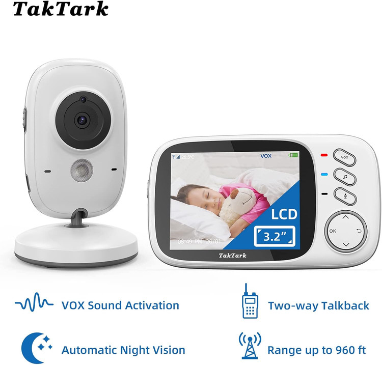 دوربین کودک TakTark، دوربین نظارت تصویری کودک، دوربین LCD 3.2 اینچی، نظارت بر دمای بدن کودک، دید در شب، ارتباط دو طرفه، تلفن تصویری کودک