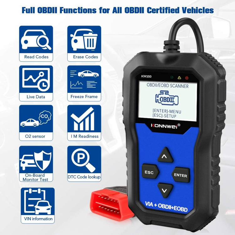 دیاگ اسکنر تشخیصی OBD2 کامل KONNWEI KW350 ، چراغ چک موتور خودرو، EPB، ABS، SRS، ابزار اسکن OBDII، ابزار تنظیم مجدد موقعیت دریچه گاز روغن