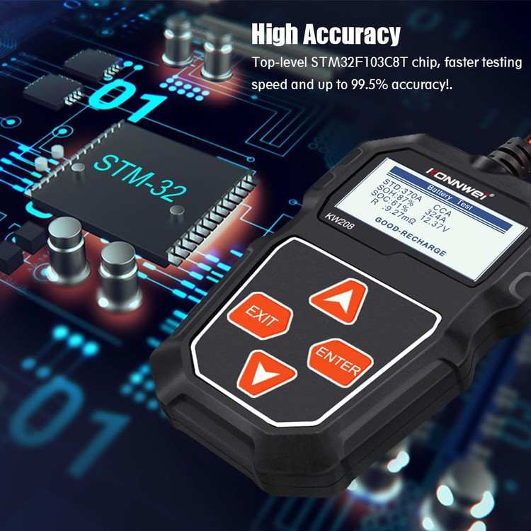 تستر باتری خودرو KONNWEI KW208 12V، تستر بار 100-2000 CCA، تستر دینام خودرو، آنالیزور دیجیتال باتری خودرو، تستر سیستم شارژ و استارت ...