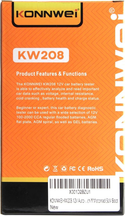 تستر باتری خودرو KONNWEI KW208 12V، تستر بار 100-2000 CCA، تستر دینام خودرو، آنالیزور دیجیتال باتری خودرو، تستر سیستم شارژ و استارت ...
