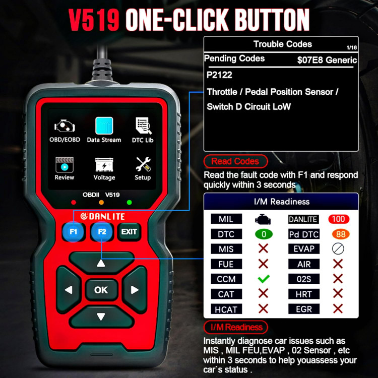 اسکنر OBD-II دانلایت V519 برای ماشین و موتورسیکلت