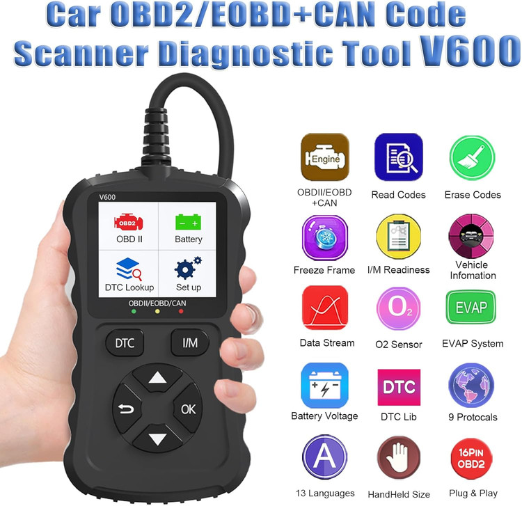 دیاگ iKiKin OBD2، کدخوان خودرو OBD2، اسکنر کد خطای چراغ چک موتور V600، ابزار عیبیابی خودرو CAN برای خودروهای OBDII از سال ۱۹۹۶