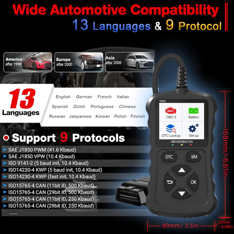 دیاگ iKiKin OBD2، کدخوان خودرو OBD2، اسکنر کد خطای چراغ چک موتور V600، ابزار عیبیابی خودرو CAN برای خودروهای OBDII از سال ۱۹۹۶